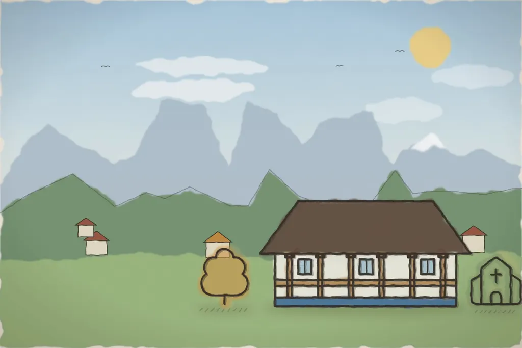 Casa de Oaspeți Mărul de Aur DEMO, cu prispa de lemn și livada de meri (ilustrație)